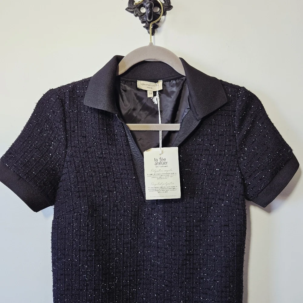 NWT La Fée Maraboutée Tweed Mini Dress Size 34 US S Black Short Sleeve Polo Neck - Picture 3 of 4